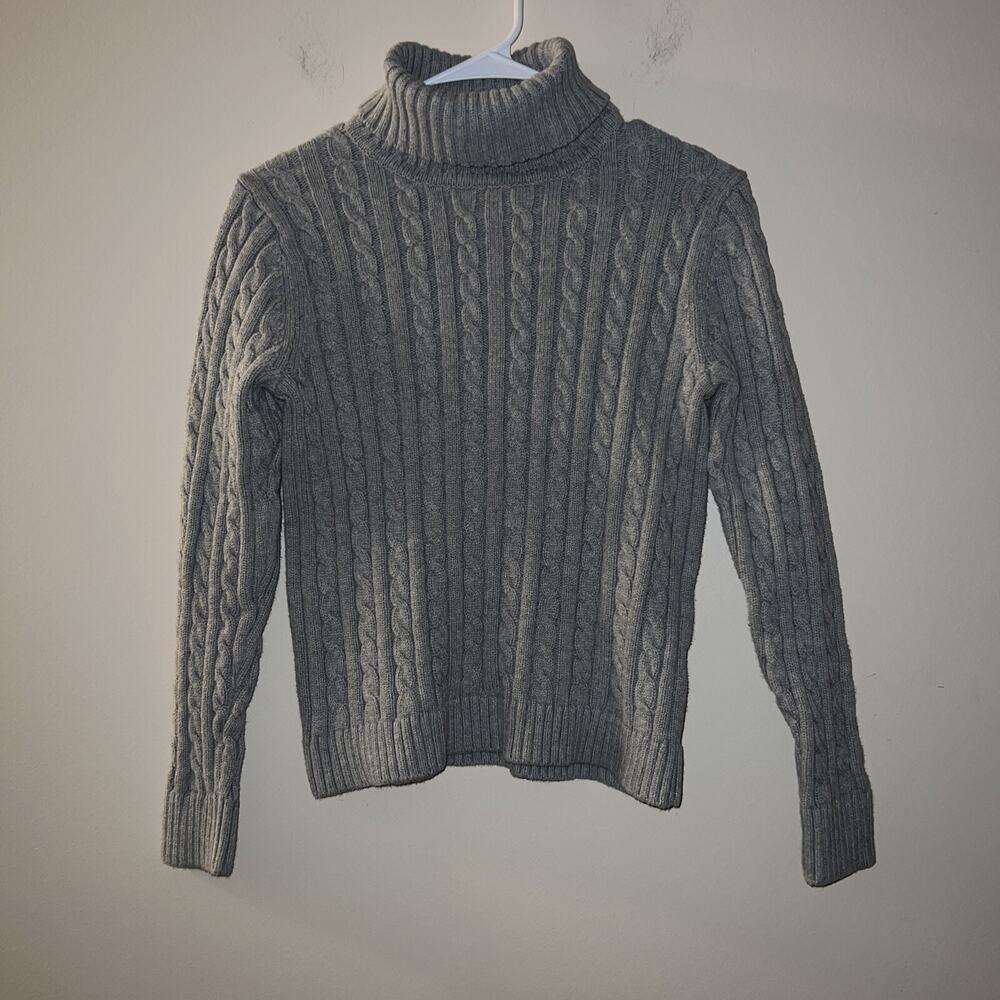 LL Bean Cable Knit Women's Turtleneck Cotton Sweater Gray S Small